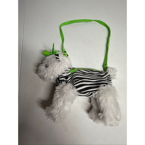 Girls Retro Hippie Dog Peace Sign White Fuzzy Dog Purse Zebra Stripe Retro Decor - Picture 4 of 8